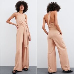 NWT Zara Mauve Viscose Linen Blend Wide Leg Sleeveless Halter Jumpsuit Pockets L